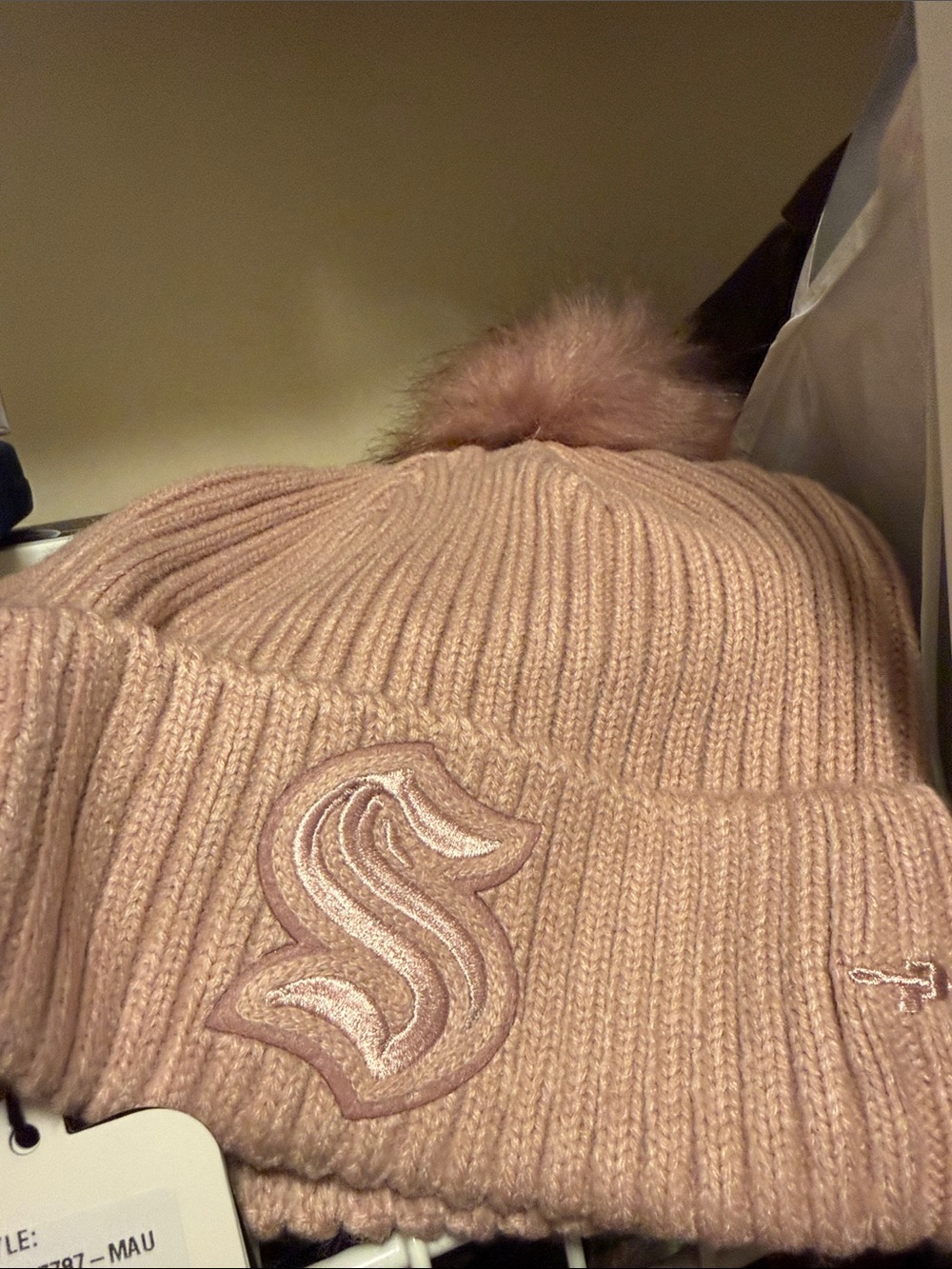 Blush Pink Ribbed Pom Beanie with Embroidered 'S' Patch